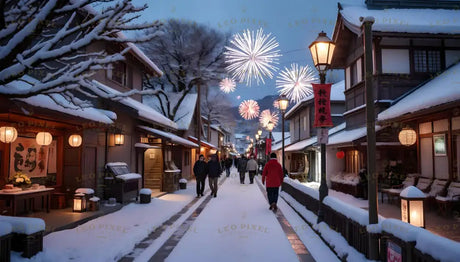 A snowy street lined with traditional Japanese houses glows with lantern light, as vibrant fireworks illuminate the evening sky. People stroll through the serene scene, enjoying the festive atmosphere. Frost-covered trees and warm lights add charm to the celebration, blending the beauty of winter with the joy of a cultural festival in a picturesque setting. Ai generated image.