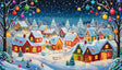 This enchanting winter village glows under a starry night sky, with cozy, snow-covered cottages lit warmly from within. Vibrant, colorful ornaments dangle from trees, adding a joyful touch to the frosty scene. Children play gleefully, creating a cheerful atmosphere that embodies the magic of the holiday season. Ai generated image. Psychedelic style.