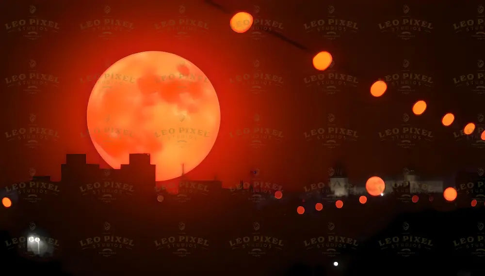 This photography-style image features an enormous, glowing red moon in the night sky, casting a dramatic crimson hue across the scene. The silhouetted city skyline contrasts starkly with the moon’s vivid radiance. A string of glowing orange lights cuts diagonally across the image, creating depth and harmony. Faintly lit structures and soft light sources in the distance add subtle detail to the dark surroundings. Ai generated image.