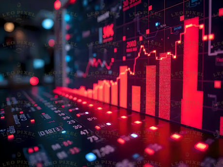 A vibrant display of financial data analytics, featuring bold red bar and line charts on a digital interface. The dynamic layout represents key metrics, trends, and market fluctuations, highlighting the real-time movement of financial indicators. This image captures the precision of data-driven insights used in decision-making within a high-stakes environment. Ai generated image.