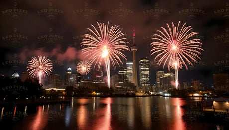 A spectacular fireworks display lights up the night sky over a modern cityscape, reflecting vividly in the calm waters below. The iconic tower stands tall amidst shimmering skyscrapers, with bursts of red and gold illuminating the scene. This celebratory image captures the harmony of city lights and festive joy, creating a dazzling atmosphere of unity and excitement. Ai generated image.