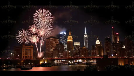 A dazzling display of fireworks lights up the night sky above a glowing city skyline, with a majestic bridge in the foreground. The vibrant bursts of light contrast beautifully against the dark backdrop, creating a festive and celebratory atmosphere. Illuminated buildings and reflections on the water add depth and elegance to this breathtaking urban scene. Ai generated image.