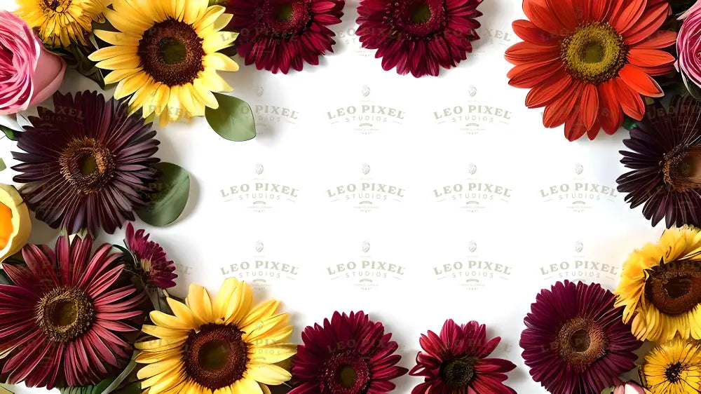 Flat lay image on a white background with a vibrant border of flowers. The arrangement includes yellow sunflowers, deep red gerberas, bright orange daisies, and burgundy blossoms. Pink roses and dark green leaves add variety. The flowers are evenly spaced, creating an open center. The bright colors contrast sharply against the white background, enhancing the vividness and texture of the petals. Ai generated. Photography style.