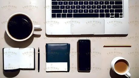 Flat lay image on a beige surface featuring an open laptop with a black keyboard. To the left, a large cup of black coffee, an open notebook, and a black pen are neatly arranged. Beside them, a blue and white notebook, a smartphone with a black screen, and a wooden pencil are aligned. A smaller white cup with light coffee sits on the bottom right. The composition is minimal and organized, with clean lines and shadows. Ai generated. Photography style.