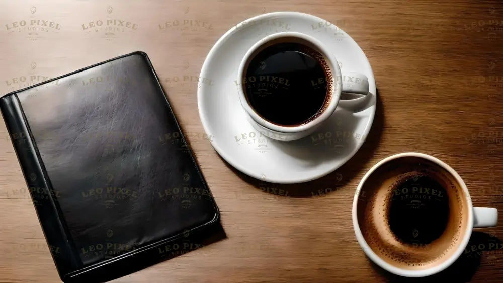 Flat lay image on a wooden surface featuring a black leather notebook with a glossy finish on the left. To the right, two white cups filled with black coffee are arranged, one on a white saucer and the other directly on the table. The coffee has a rich, dark color with a light reflection on the surface. The composition is minimal and elegant, with warm tones and soft shadows enhancing the arrangement. Ai generated. Photography style.