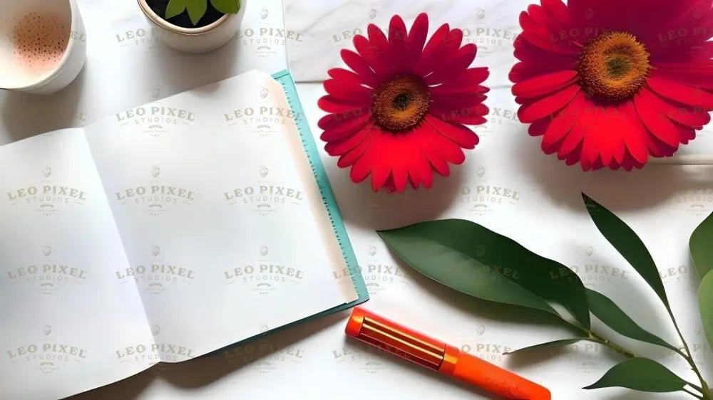 Flat lay image of an open blank notebook with a blue edge on a white surface. Beside it, two vibrant red daisy-like flowers with yellow centers are placed near green leaves. An orange pen lies below the notebook. A white cup with pink residue is positioned in the top left corner next to a small potted plant with glossy green leaves. The composition is clean and bright, with soft shadows enhancing the arrangement. Ai generated. Photography style.