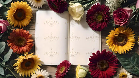 Flat lay image on a wooden surface featuring an open blank notebook at the center. Surrounding the notebook are a variety of vibrant flowers, including yellow sunflowers, deep red gerberas, orange daisies, pink roses, and white blossoms. Green leaves and foliage complement the colorful petals. The arrangement is balanced and lively, with natural light enhancing the rich tones and textures of the flowers. Ai generated. Photography style.