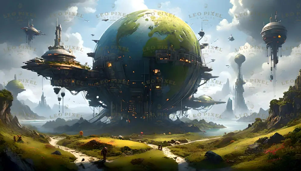 A massive spherical structure resembling Earth hovers above a lush, green landscape. The globe is surrounded by advanced platforms and industrial constructs glowing with lights. Floating cities and towers extend into the sky, connected by intricate machinery. Distant mountains, water bodies, and smaller structures blend into a serene, futuristic setting. Airships dot the sky, enhancing the advanced, otherworldly feel. Ai generated image.