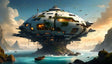 This digital art style image features a massive futuristic structure resembling a hovering citadel perched above a rocky base. The citadel’s surface is smooth, white, and adorned with glowing orange-lit windows and patches of greenery. Airships fly in the clear blue sky, while the turquoise ocean below reflects the golden light of the setting sun. Jagged cliffs and distant peaks frame the scene, completing the tranquil, futuristic vista. Ai generated image.