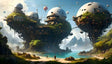 This digital art style image features massive tree-like structures supporting giant white domes with glowing windows and platforms. These futuristic habitats are built high above the ground, with roots extending downward like intricate support beams. Lush greenery covers the domes, blending nature with technology. A serene turquoise lagoon lies below, surrounded by rocky cliffs and misty mountains. Balloons float overhead, enhancing the tranquil, surreal landscape. Ai generated image.