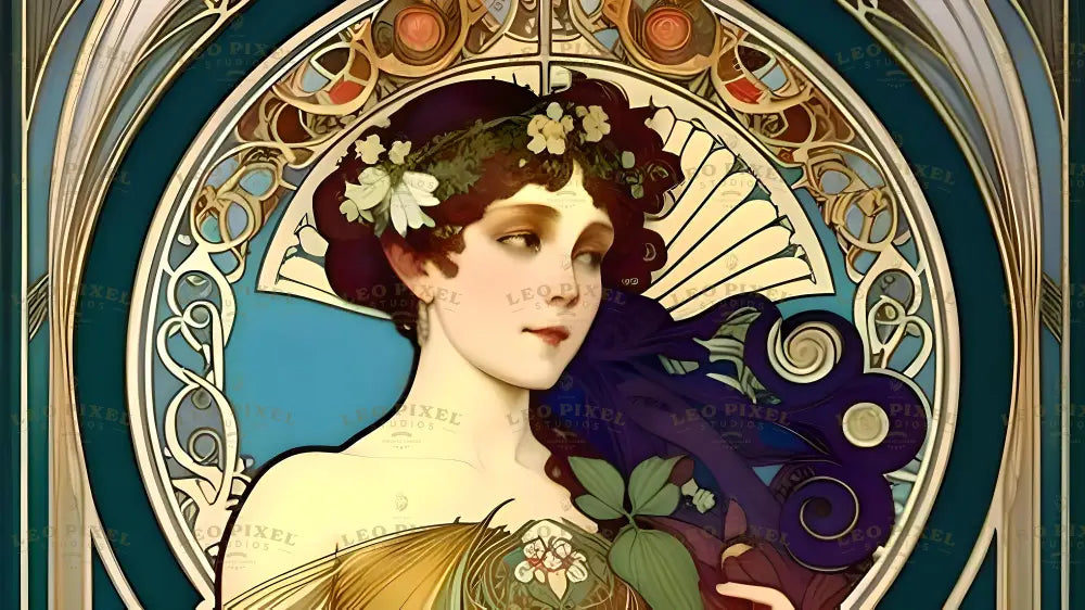 This image depicts a delicate art nouveau-style portrait of a woman with soft features and a floral crown. Her hair flows into intricate purple swirls, complemented by an ornate golden frame with floral patterns. The light blue background highlights the elegance of the design, while the soft curves and intricate details give the piece a graceful and timeless appeal. Ai generated. Art nouveau style.