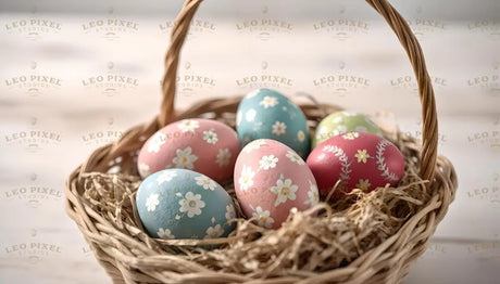 The image features a wicker basket filled with pastel-colored Easter eggs resting on straw. The eggs are painted in soft shades of pink, blue, green, and red, adorned with intricate floral patterns and delicate white daisies. The basket handle is simple and natural, and the blurred, light background enhances the soft and elegant feel of the composition. Ai generated. Photography style.