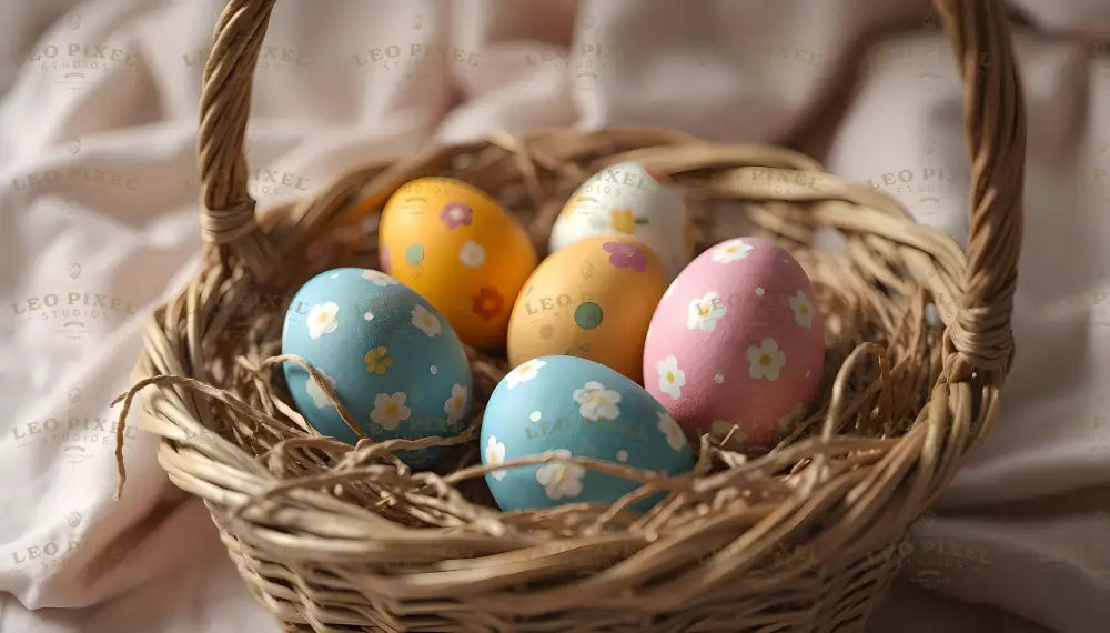 The image shows a wicker basket filled with Easter eggs decorated with small flower patterns in soft colors. The eggs are painted in shades of blue, pink, yellow, and white, resting on natural straw. The background features soft, light-colored fabric, adding a cozy and warm feel to the scene. The delicate floral designs on the eggs enhance the festive and cheerful atmosphere. Ai generated. Photography style.