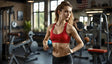 A woman in a red sports bra and black leggings stands in a gym with a focused expression. Her toned physique is illuminated by soft natural light streaming through large windows. Gym equipment, including a stationary bike, weights, and a pulley machine, is visible in the background, alongside an American flag and a mirror reflecting the spacious room. Ai generated. Photography style.