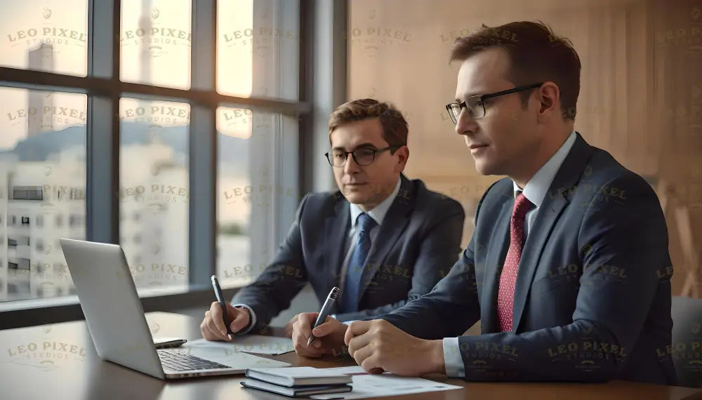 This image captures two professionals in formal attire working intently at a modern office desk. A sleek laptop and organized documents highlight a productive meeting. Sunlight filters softly through large windows, offering a glimpse of an urban skyline. Their focused expressions convey collaboration and strategic planning in a contemporary, professional setting. Ai generated image.