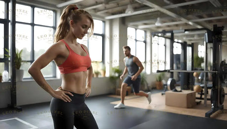 The image shows a gym with large windows letting in natural light. In the foreground, a woman in a red sports bra and black leggings stands with her hands on her hips, appearing focused. In the background, a man in workout clothes performs an exercise. The gym equipment, including weights and machines, is arranged neatly, and plants add a fresh touch. Ai generated. Photography style.