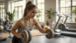 A woman with a ponytail is in a gym, wearing a light gray sports top and black leggings. She is holding a barbell with weight plates, leaning forward with a focused expression. The gym features large windows with natural light, plants, and various equipment like treadmills, exercise balls, and stationary bikes, creating a bright and clean atmosphere. Ai generated. Photography style.