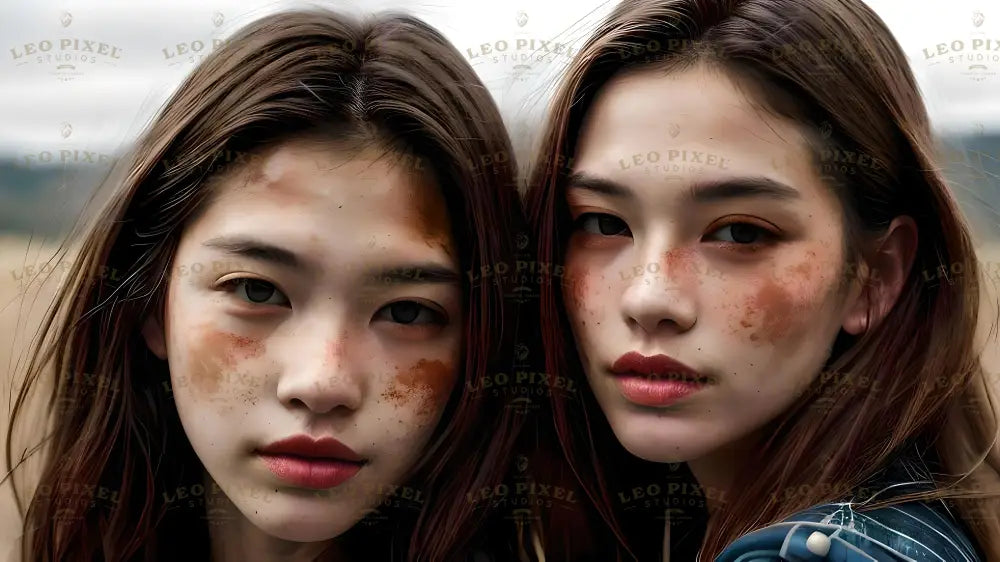 A close-up portrait of two young women with striking freckles across their faces. Both have smooth, fair skin with warm, natural tones. Their long, brown hair frames their faces, cascading gently over their shoulders. The one on the right has slightly fuller lips, while both share soft, focused expressions. The neutral background enhances their natural beauty and connection. Ai generated. Photography style.