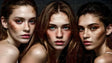 A striking portrait of three young women with fair skin and prominent freckles, their intense gazes fixed on the viewer. Each has soft, flowing brown hair and expressive eyes—green, hazel, and blue. Their faces are adorned with natural freckles and warm-toned makeup. The image is set against a dark background, emphasizing their luminous skin and the intimate composition. Ai generated. Photography style.