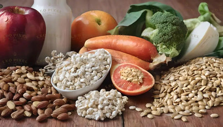 The image shows a wooden surface filled with healthy foods. A red apple, an orange, and green broccoli are next to a white bottle. A halved grapefruit and two carrots add vibrant color. Bowls hold white puffed grains, while almonds and sunflower seeds are scattered around. Crisp cabbage leaves and more seeds complete the fresh and wholesome arrangement, showcasing a variety of natural foods. Ai generated. Photography style.