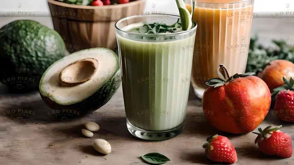 A creamy green smoothie in a textured glass is garnished with fresh herbs. Beside it, a halved avocado reveals its seed, accompanied by a whole avocado and scattered white nuts. In the background, a wooden bowl holds cherry tomatoes, while a bright red apple and strawberries add a vibrant touch. A second glass with an orange-colored smoothie complements the healthy, fresh presentation. Ai generated. Photography style.