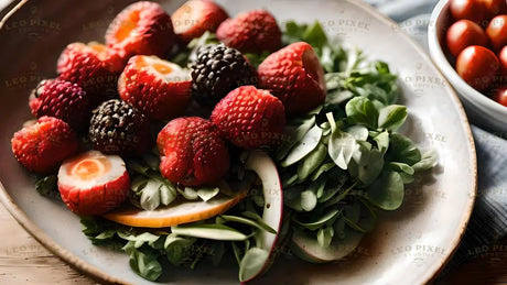 The image shows a plate of fresh salad topped with vibrant red strawberries, dark blackberries, and greens. The leafy greens form a base, while thin apple slices add a crisp touch. Bright red cherry tomatoes are visible in a bowl nearby. The plate has a natural, rustic design, and the arrangement highlights the fresh and healthy ingredients. Ai generated. Photography style.