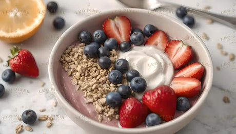 A white bowl holds a creamy yogurt base with a swirl of whipped yogurt on top. Sliced strawberries, whole blueberries, and a layer of granola decorate the bowl. The colors are vibrant, with red, blue, and beige blending beautifully. The background features a lemon half, scattered blueberries, and a silver spoon, all on a smooth white surface, adding a clean and fresh look. Ai generated. Photography style.