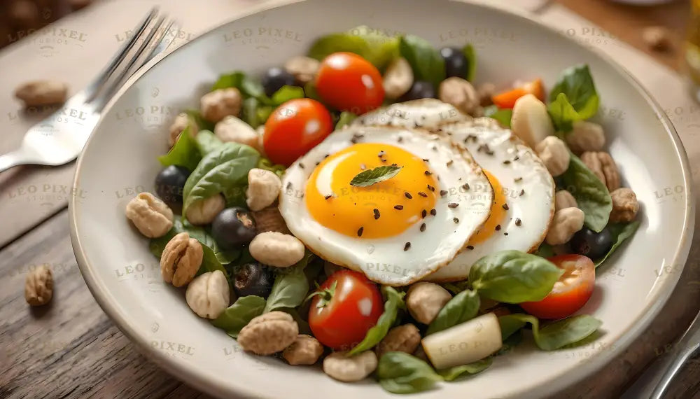 A vibrant salad served on a white plate, topped with a sunny-side-up egg sprinkled with seeds and a mint leaf. Surrounding the egg are fresh basil leaves, cherry tomatoes, black olives, and mixed nuts, creating a colorful and wholesome presentation. The mix of textures and natural hues highlights the dish's freshness and appeal, placed on a rustic wooden surface. Ai generated. Photography style.