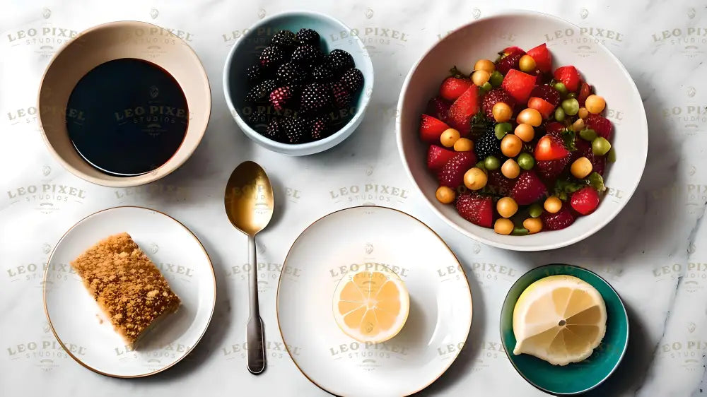 A bright, overhead shot of a table featuring a colorful spread. A bowl of blackberries and a vibrant salad with strawberries, golden berries, and greens are paired with lemon halves, syrup, and a crumbly dessert. A gold spoon and clean, elegant plates add to the refined presentation. The white marble surface and vibrant hues of the fruits create a fresh and inviting look. Ai generated. Flat lay photography style.