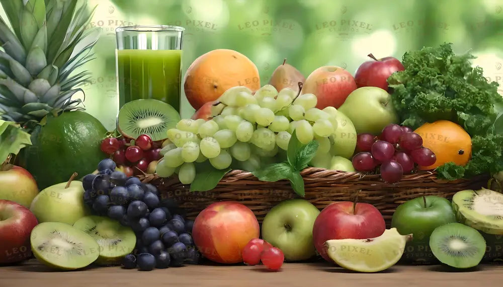 A woven basket overflows with fresh produce, including green and red grapes, apples, kiwis, and a pineapple. Vibrant green lettuce and basil leaves add a touch of freshness. A glass of green juice stands among the colorful fruits. The background features a blurred green bokeh, enhancing the vivid and natural appeal of the composition. Ai generated. Photography style.