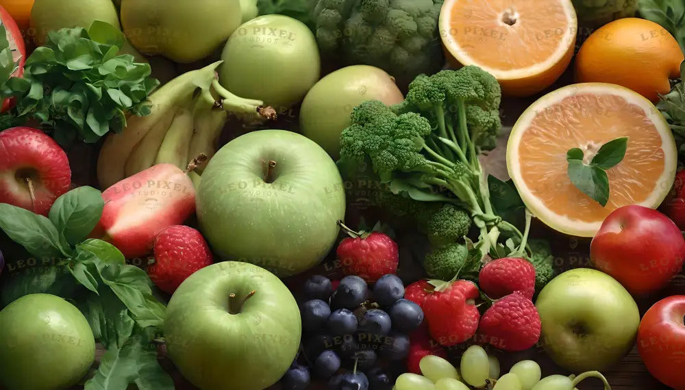 A vibrant display of fresh produce, featuring green apples, bananas, broccoli, basil leaves, and halved grapefruits. Surrounding them are bright red raspberries, strawberries, and shiny red apples. The arrangement is colorful and balanced, with rich textures of leafy greens, smooth fruits, and citrus slices, showcasing nature's variety and freshness. Ai generated. Photography style.