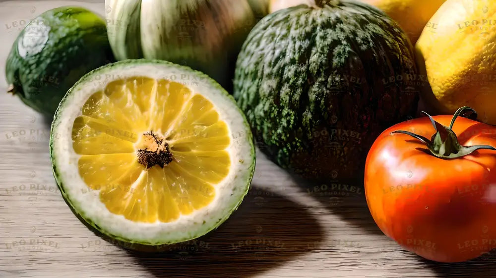 A vibrant image showcasing a variety of produce. A halved citrus fruit with juicy yellow flesh is in focus, surrounded by green-skinned melons, a bright orange tomato, and a soft yellow squash. The textured wooden surface beneath adds natural charm, while the warm lighting enhances the colors and freshness of the items. Ai generated. Photography style.