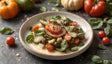 A colorful bowl of fresh salad featuring ripe cherry tomatoes, cucumber slices, mozzarella cubes, and juicy basil leaves, all resting in a creamy dressing. The dish is accented with olives and a sprinkle of crumbled cheese. In the background, colorful scattered peppers and basil leaves add to the rustic, farm-to-table ambiance of the scene. Ai generated. Photography style.