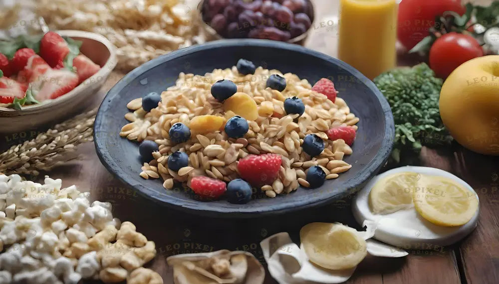 A black plate is filled with grains topped with blueberries, raspberries, and dried fruit. Surrounding the plate are fresh strawberries in a bowl, fluffy popcorn, sliced lemon, broccoli, and tomatoes. Grapes sit in the background, while golden wheat stalks add texture. Bright yellow and red hues highlight the freshness of the ingredients, creating a colorful, balanced composition. Ai generated. Photography style.