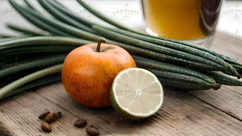 An orange fruit with speckled skin and a green stem sits beside a neatly halved lime showing its pale, juicy interior. Long, green stalks lay in the background, adding texture and depth. A few scattered nuts rest on a wooden surface, creating a natural, rustic scene. The light highlights the vibrant colors and smooth textures of the produce. Ai generated. Photography style.