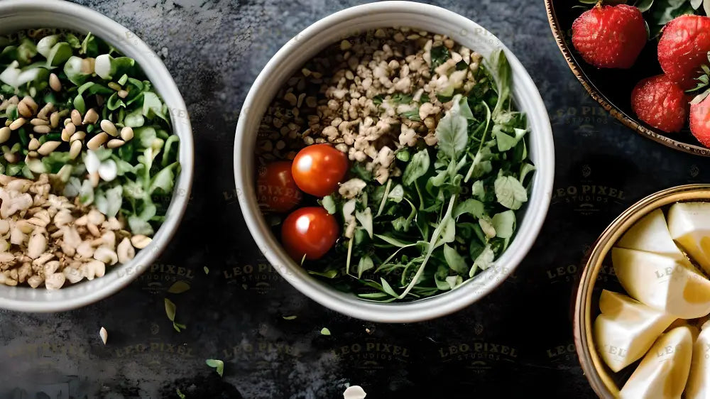 This image shows a variety of fresh ingredients in bowls. One bowl contains green leafy vegetables, cherry tomatoes, seeds, and grains. Another has strawberries, and a third includes lemon wedges. The bowls are arranged on a dark surface with scattered greens, creating a vibrant and healthy look. The textures of the produce and seeds stand out clearly. Ai generated. Photography style.