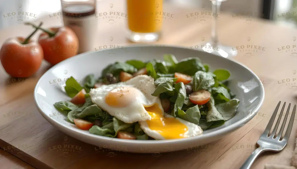 A fresh salad featuring vibrant green lettuce leaves topped with a sunny-side-up egg with a runny yolk, seasoned with black pepper. Sliced cherry tomatoes and olives add a pop of color. In the background, a glass of orange juice, a coffee cup, and two ripe tomatoes sit on a wooden surface, complementing the natural and wholesome presentation. A fork lies on the table, completing the setup. Ai generated. Photography style.