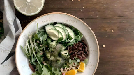 A clean white bowl holds a fresh mix of greens, cucumber slices, broccoli florets, and dark seeds, creating a vibrant and healthy display. Bright yellow citrus slices add a pop of color, and the wooden surface beneath gives a rustic feel. A halved lime sits nearby, with its juicy texture contrasting against the leafy contents of the bowl. Ai generated. Photography style.