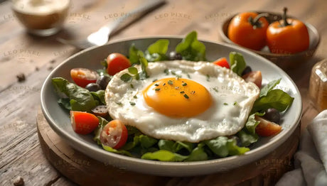 A vibrant plate featuring a sunny-side-up fried egg with a perfectly golden yolk, garnished with fresh herbs. The egg rests atop a bed of crisp green lettuce, cherry tomato halves, and black olives. The background includes blurred ripe tomatoes and wooden textures, creating a warm and inviting presentation. The simple yet elegant setup exudes freshness and wholesomeness. Ai generated. Photography style.