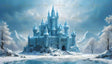 A magnificent frozen castle rises gracefully amidst a serene winter landscape, its spires glistening under a pale blue sky. The structure's icy facade reflects the surrounding snowy trees and frozen lake, creating a mesmerizing scene. Towering mountains in the background complete this breathtaking vista, epitomizing winter's tranquil beauty and grandeur. Ai generated image.