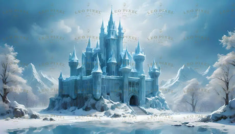 A magnificent frozen castle rises gracefully amidst a serene winter landscape, its spires glistening under a pale blue sky. The structure's icy facade reflects the surrounding snowy trees and frozen lake, creating a mesmerizing scene. Towering mountains in the background complete this breathtaking vista, epitomizing winter's tranquil beauty and grandeur. Ai generated image.