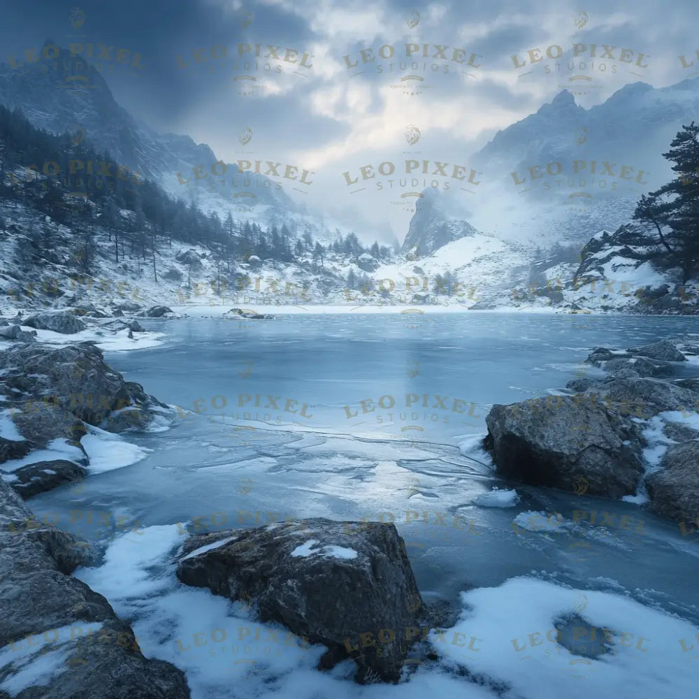 A serene winter landscape featuring a frozen lake surrounded by rugged, snow-dusted rocks. Towering mountains in the background are veiled in mist, blending into the cloudy sky. Bare pine trees line the snowy slopes, adding depth to the scene. The icy surface reflects the soft, cold light, while patches of snow on the rocks create a striking contrast against the icy blues. Ai generated. Photography style.