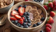 A round beige bowl holds a mix of fresh fruits and cookies on a creamy base. Sliced strawberries, raspberries, and blueberries are arranged neatly. Thin cookie slices are lined along one side, while granola is sprinkled nearby. The wooden table background features more strawberries, raspberries, and a spoon, creating a simple and cozy look. Ai generated. Photography style.