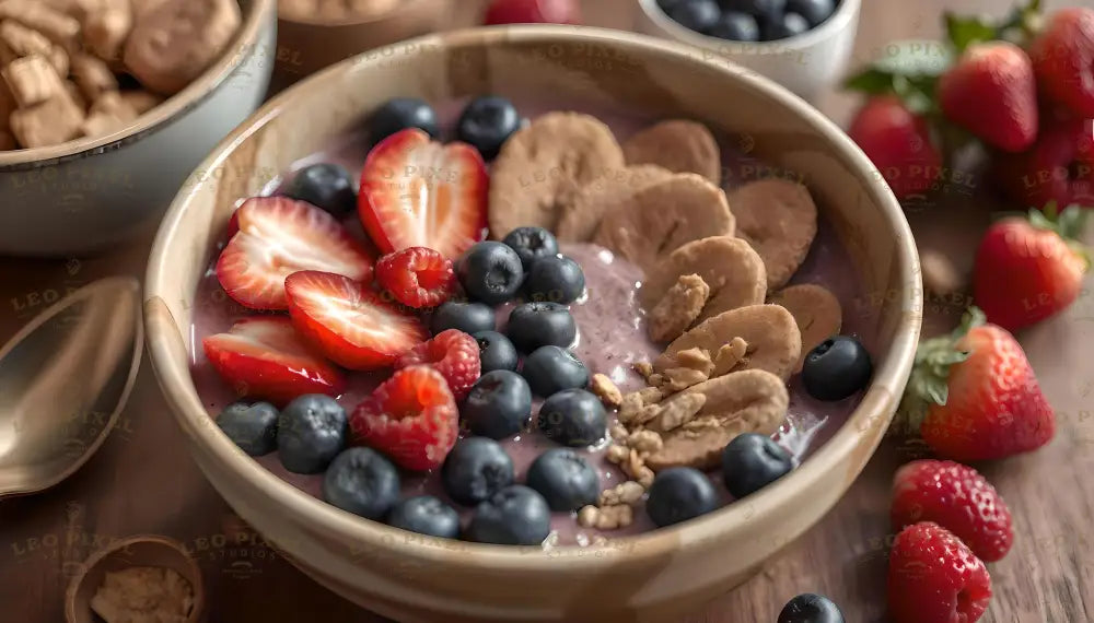 A round beige bowl holds a mix of fresh fruits and cookies on a creamy base. Sliced strawberries, raspberries, and blueberries are arranged neatly. Thin cookie slices are lined along one side, while granola is sprinkled nearby. The wooden table background features more strawberries, raspberries, and a spoon, creating a simple and cozy look. Ai generated. Photography style.