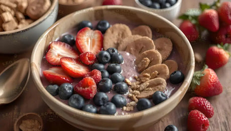 A round beige bowl holds a mix of fresh fruits and cookies on a creamy base. Sliced strawberries, raspberries, and blueberries are arranged neatly. Thin cookie slices are lined along one side, while granola is sprinkled nearby. The wooden table background features more strawberries, raspberries, and a spoon, creating a simple and cozy look. Ai generated. Photography style.