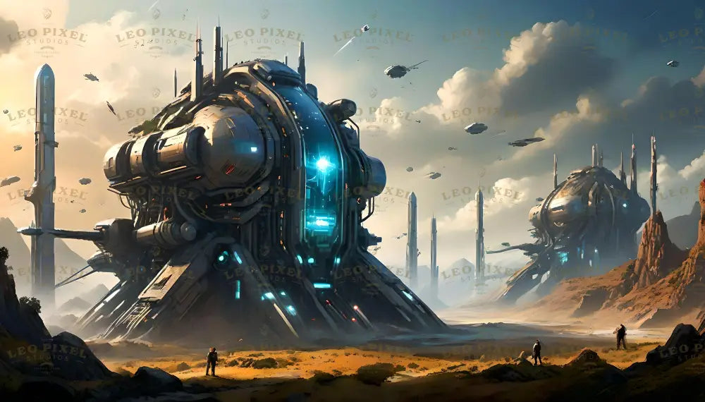 Colossal futuristic structures rise from a barren desert, blending organic curves with industrial precision. Massive spires pierce the sky, glowing with blue neon lights. The scene is dotted with hovering spacecraft and towering launch towers. Small figures stand in awe at the immense scale, dwarfed by the intricate, metallic designs. Warm desert hues contrast with cool, luminous blues, creating a vast, otherworldly atmosphere. Ai generated image.