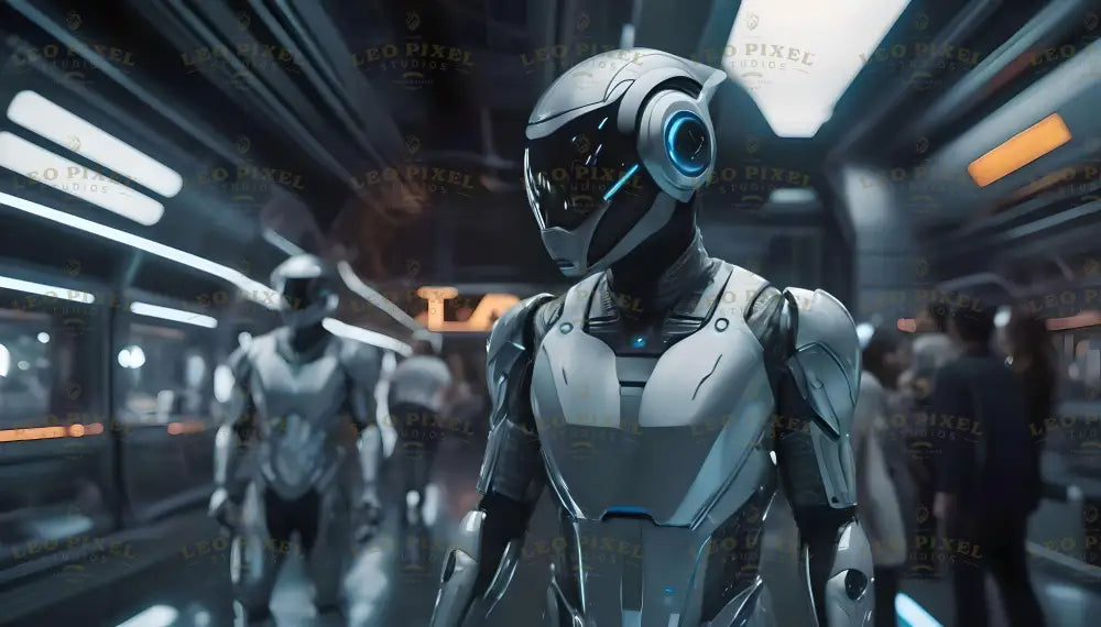 A futuristic figure clad in sleek, form-fitting armor with glowing blue accents walks through a high-tech corridor. The reflective helmet obscures the face, and the advanced suit suggests enhanced capabilities. In the background, another armored figure stands near a crowd of people, with illuminated panels and screens lining the corridor. The environment reflects a cutting-edge, technology-driven lifestyle. Ai generated. Photography style.