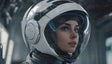 A woman in a sleek, high-tech astronaut suit gazes forward with quiet confidence, embodying a futuristic lifestyle. The advanced helmet design with glowing blue accents reflects cutting-edge space exploration technology. The soft lighting and blurred background hint at a sophisticated environment, suggesting life in a space station or a futuristic habitat, where technology and human resilience shape the future. Ai generated. Photography style.