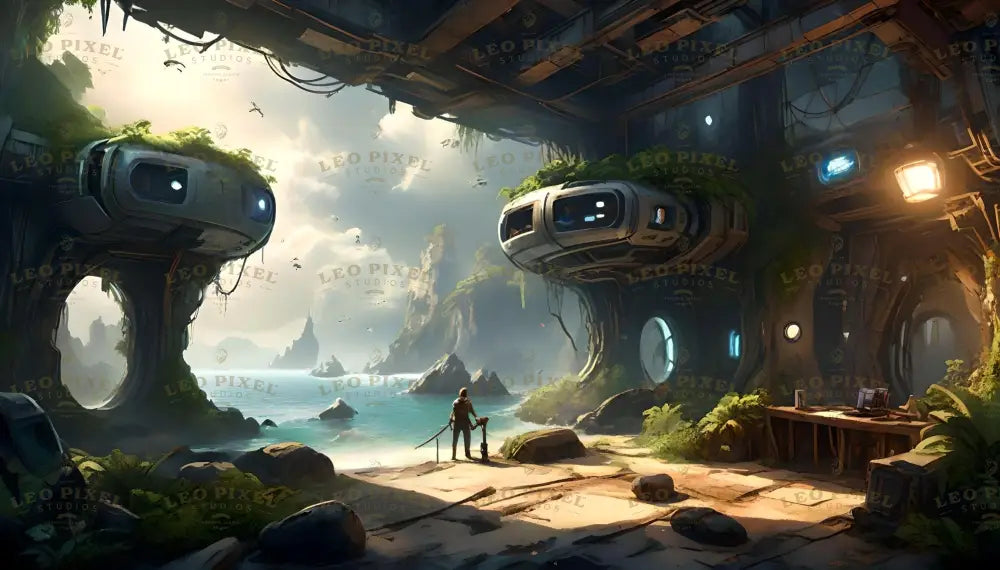 This stunning digital art showcases a futuristic seaside habitat built into rocky cliffs. Pod-like structures with glowing lights are nestled amidst lush greenery and integrated into the rock. The open space reveals a breathtaking turquoise sea, jagged cliffs, and a soft sky. Two figures stand observing the serene landscape, while the interior combines advanced technology, rustic pathways, and natural vegetation under warm ambient lighting. Ai generated image.