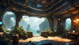 This digital art image features a futuristic structure with large arched windows revealing a breathtaking coastal landscape. The interior blends technology and nature, with lush greenery, wooden barrels, and glowing lamps adding warmth to the metallic framework. A turquoise sea, rocky cliffs, and distant islands fill the serene view, while soft sunlight casts shadows across the room’s rustic floor. Ai generated image.